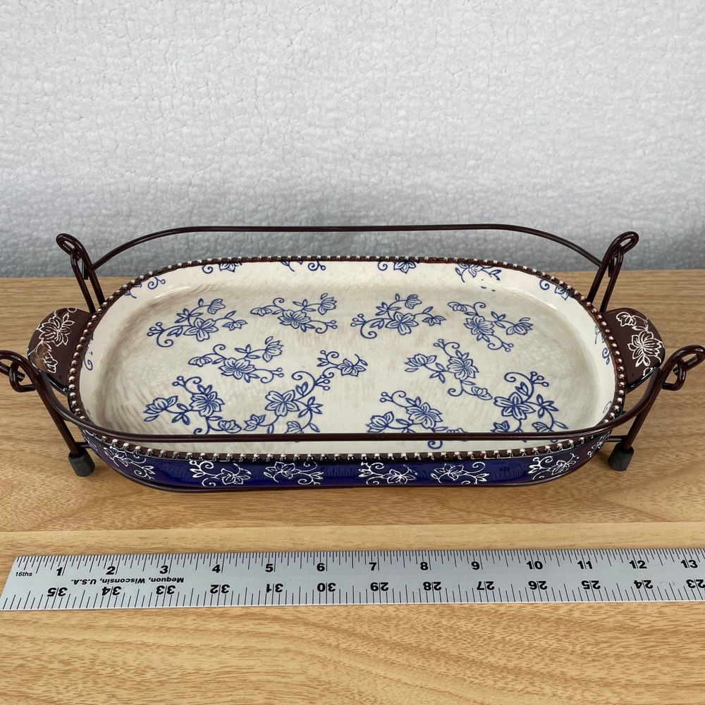 Temp-tations by Tara Floral Lace Cobalt Blue Ceramic 2 qt Trivet with Metal Rack